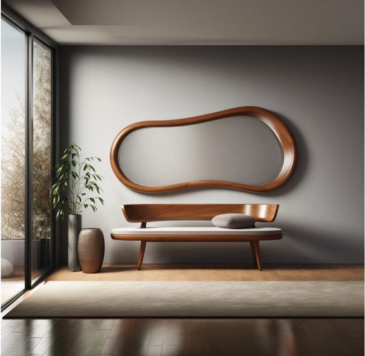 Organic Wave Walnut Wall Mirror, Asymmetrical Walnut Wood Frame Mirror
