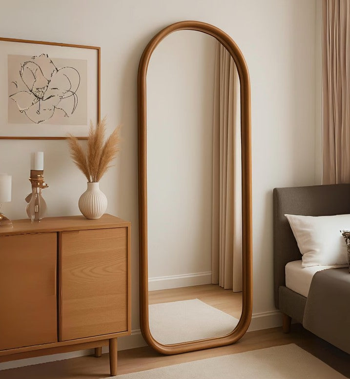 Walnut Full Body Mirror for Bedroom & Living Room, Mid Century Large Mirror, Asymmetrical Tall Floor Mirror