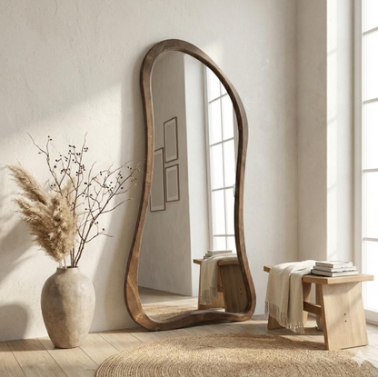 Large Asymmetrical Full Length Mirror - Natural Teak Wood Frame - The Gharnish - A Unit of Satkala Creations