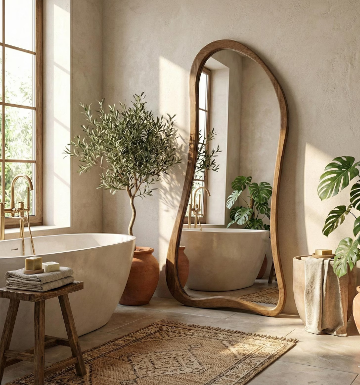 Large Asymmetrical Full Length Mirror - Natural Teak Wood Frame - The Gharnish - A Unit of Satkala Creations