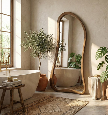 Large Asymmetrical Full Length Mirror - Natural Teak Wood Frame - The Gharnish - A Unit of Satkala Creations