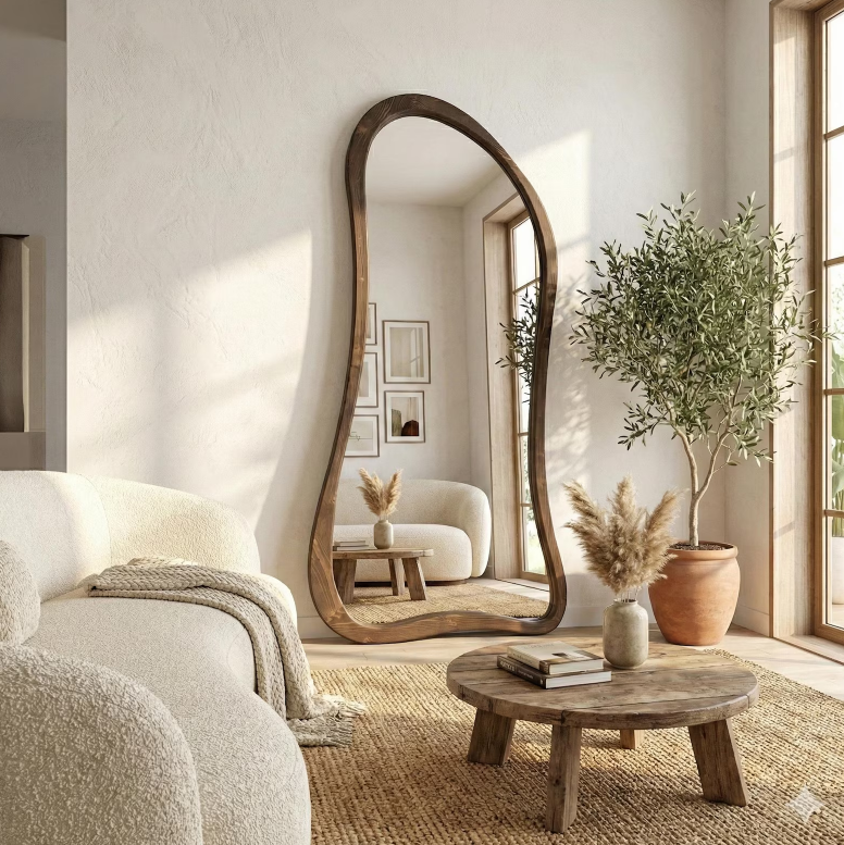 Large Asymmetrical Full Length Mirror - Natural Teak Wood Frame - The Gharnish - A Unit of Satkala Creations