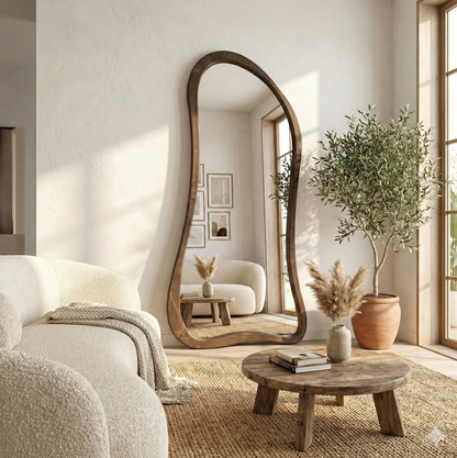 Large Asymmetrical Full Length Mirror - Natural Teak Wood Frame - The Gharnish - A Unit of Satkala Creations