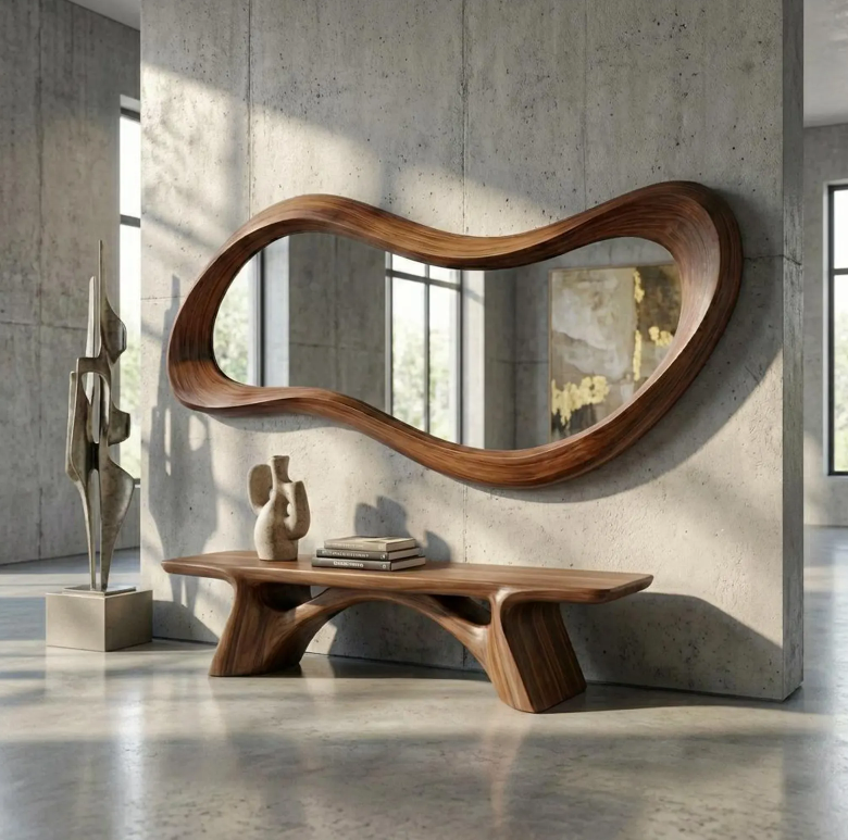 Walnut asymmetrical wooden wall mirror with an irregular shape and wooden frame, ideal for entryway or modern decor.