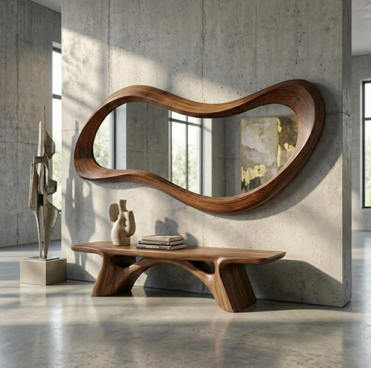Walnut asymmetrical wooden wall mirror with an irregular shape and wooden frame, ideal for entryway or modern decor.