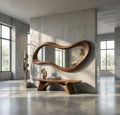 Walnut asymmetrical wooden wall mirror with irregular frame, modern design for entryway or living space, premium wooden frame.