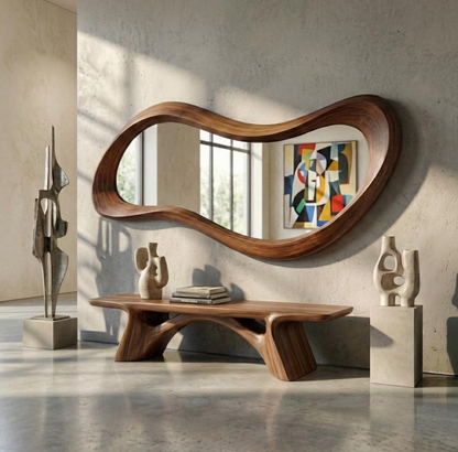 Walnut asymmetrical wooden wall mirror with irregular shape and wooden frame, ideal for entryway or modern interior decor