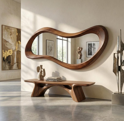 Walnut asymmetrical wooden wall mirror with irregular frame, perfect for entryway decor, by The Gharnish.