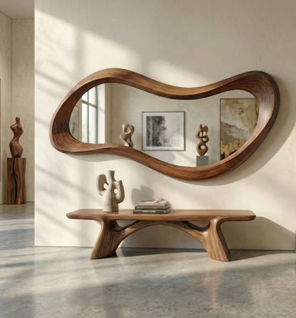 Walnut asymmetrical wooden wall mirror with an irregular shape, perfect for entryway decor, featuring a sleek wooden frame.