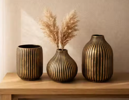 Noir Aurelia Ribbed Vase Set – Set of 3