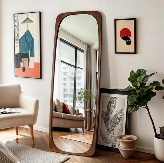 Full length wooden frame mirror by The Gharnish, full body standing mirror with natural wood finish for bedroom or living room decor.