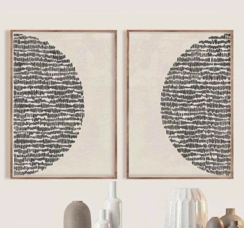 Minimalist Black & White Abstract Circle Wall Art – Set of 2 | Modern Geometric Canvas with Wooden Frame - The Gharnish - A Unit of Satkala Creations