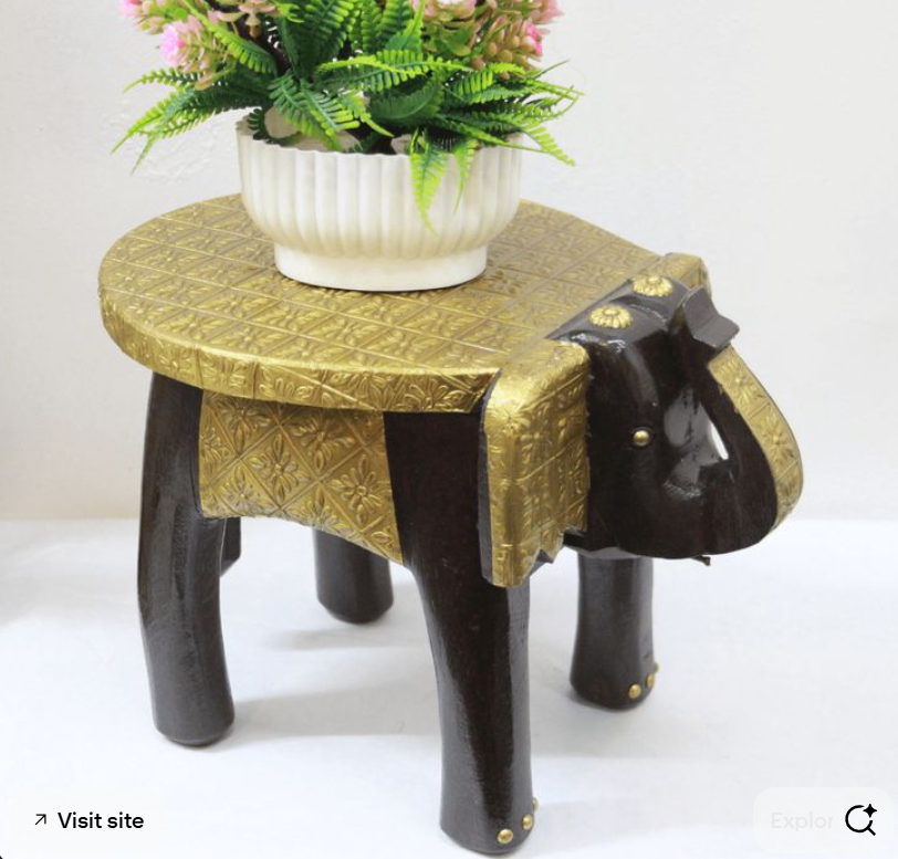 Rajasthani Wooden Elephant Stool With Brass Plating - The Gharnish - A Unit of Satkala Creations