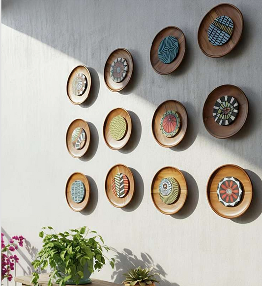 Artisan carved wooden wall sculpture set of 12 framed panels, handcrafted wooden wall art decor by The Gharnish.