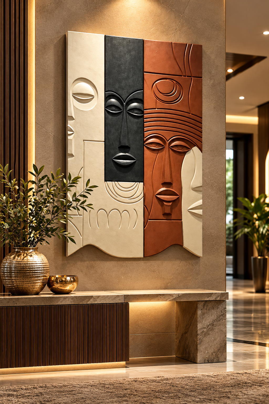 Wooden wall art sculpture featuring sculptural faces in a warm, modern foyer by The Gharnish, stylish contemporary wall decor.