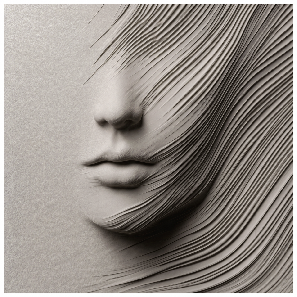 Abstract gray artwork depicting a sculptural human face with flowing layered lines resembling hair or wind across the surface.