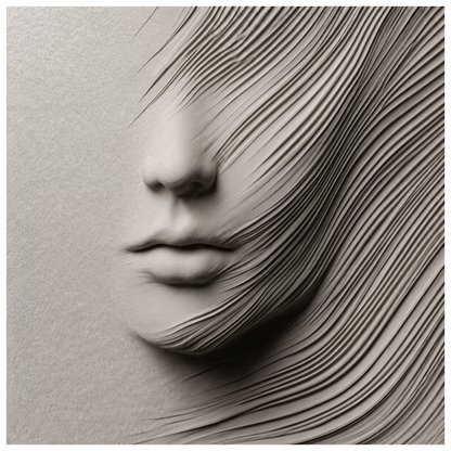Abstract gray artwork depicting a sculptural human face with flowing layered lines resembling hair or wind across the surface.