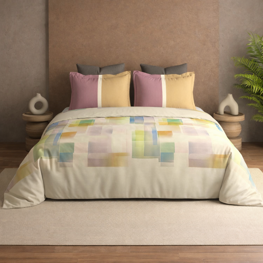 Elegant bedroom with The Gharnish Royal Bloom Egyptian Cotton bedsheet in pastel colors, showcasing luxurious bedding and soft textures.