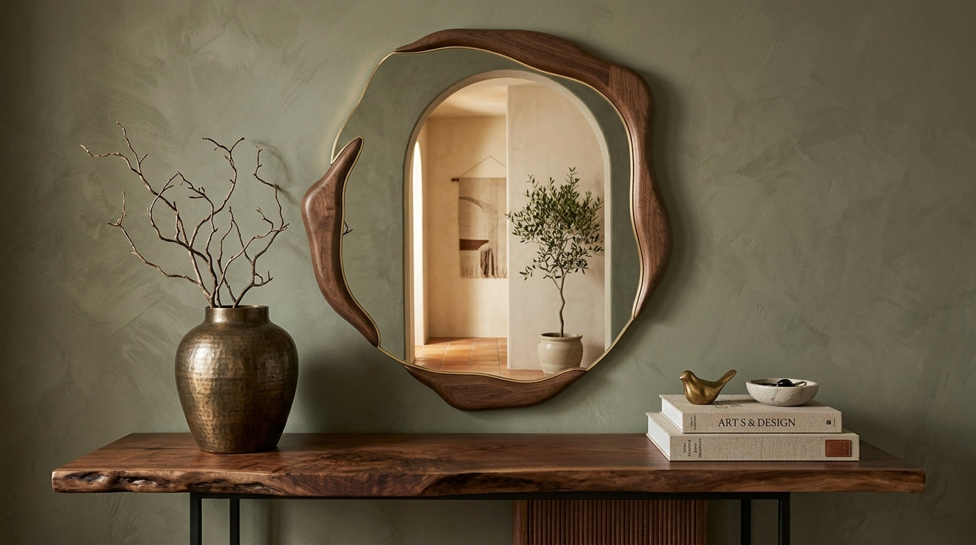 Curve Teak Wood Mirror for Living Room