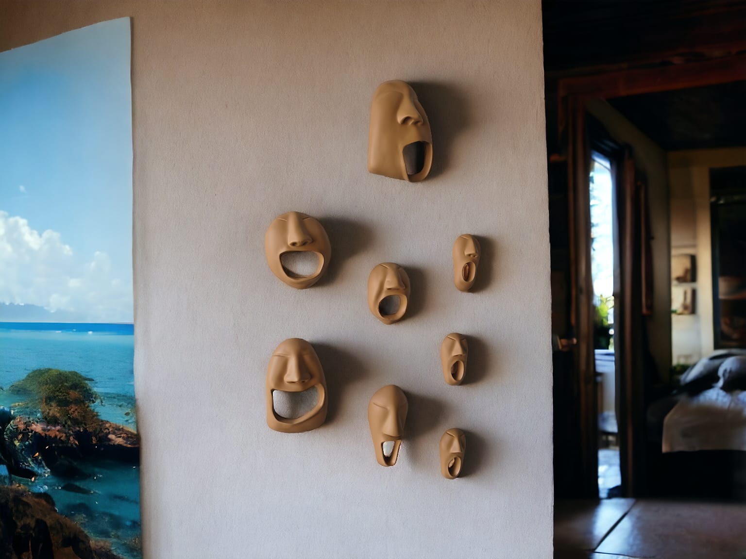 Set of ceramic face-shaped door knockers on a wall