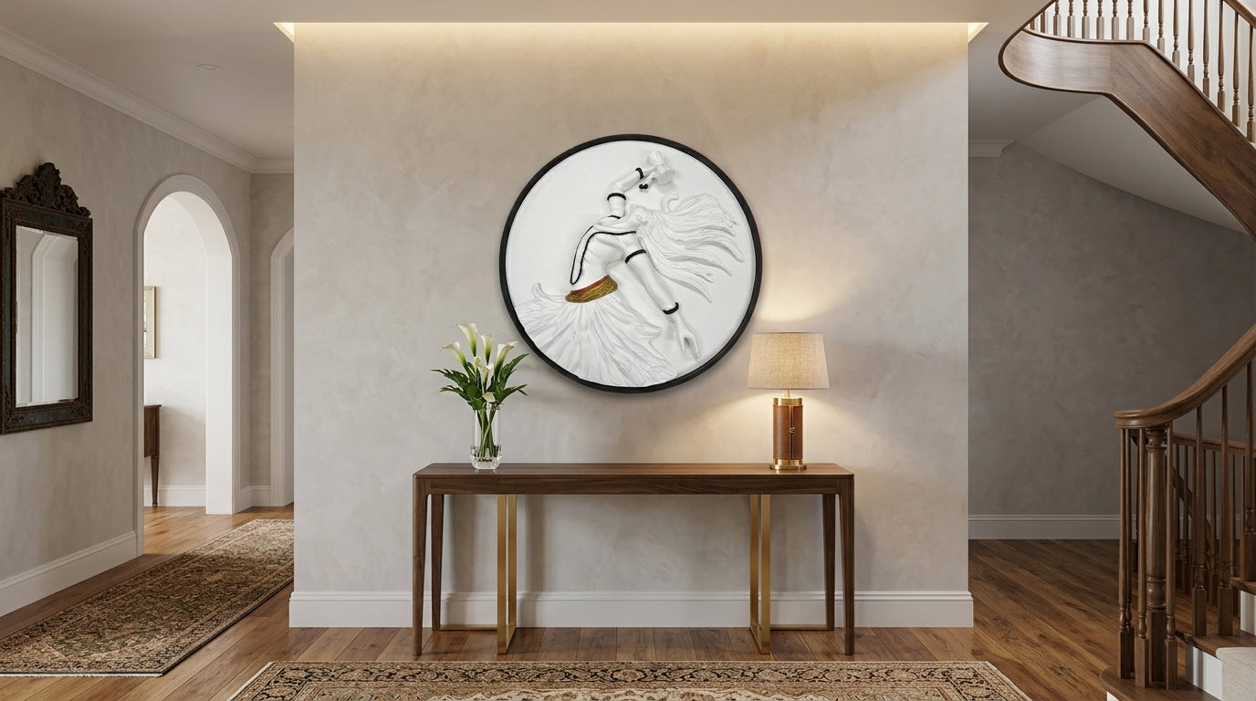 Decorative wall clock on a wall in a home interior with a table and lamp.