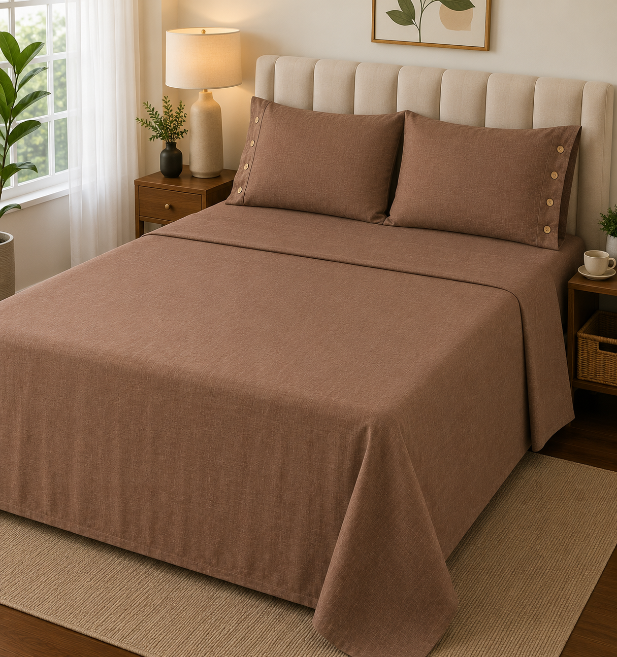 Organic muslin cotton king size bedsheet set from The Gharnish, with a cozy Sherpa blanket layered on a bed, soft and comfortable bedding.