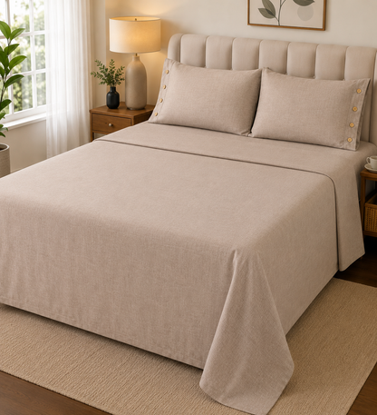 Soft organic muslin cotton king size bedsheet set from The Gharnish, featuring a cozy, natural bedding design with a Sherpa blanket.