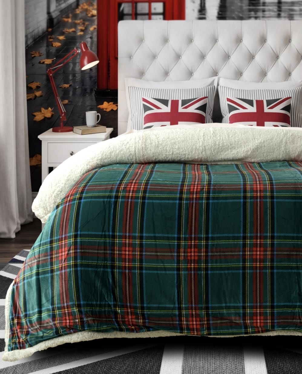 Soft London Heritage Sherpa Blanket by The Gharnish, showing plush, cozy fabric with classic design in neutral tones.