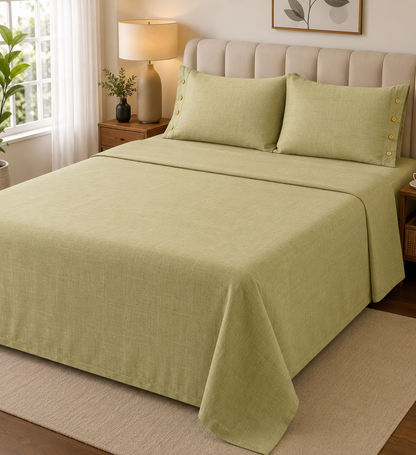 Organic muslin cotton king size bedsheet set by The Gharnish, featuring soft, breathable bedding with a cozy Sherpa blanket.