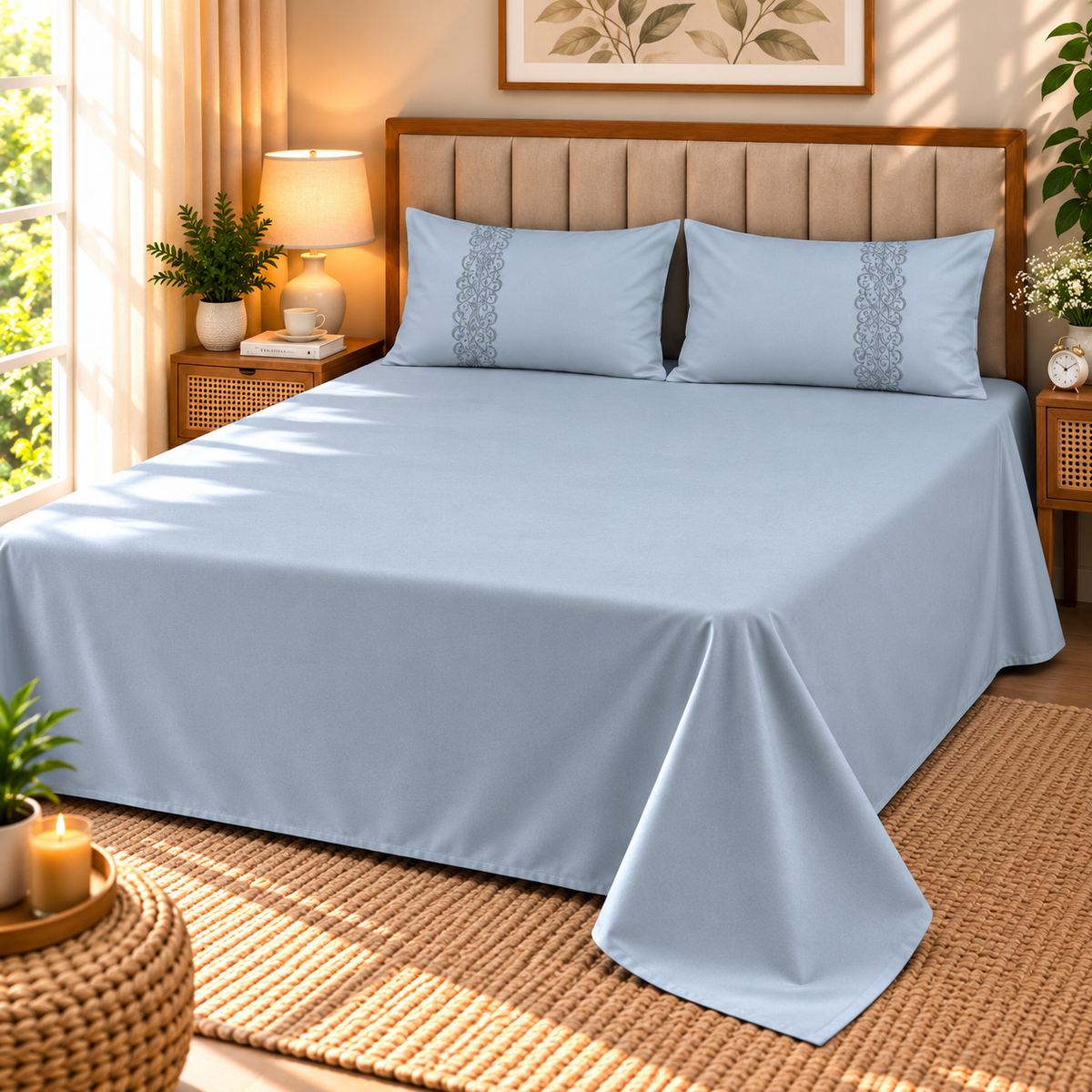 Euphoria Plain Bedsheet With Embroidered Pillows | 3 Pcs Bedsheet Set