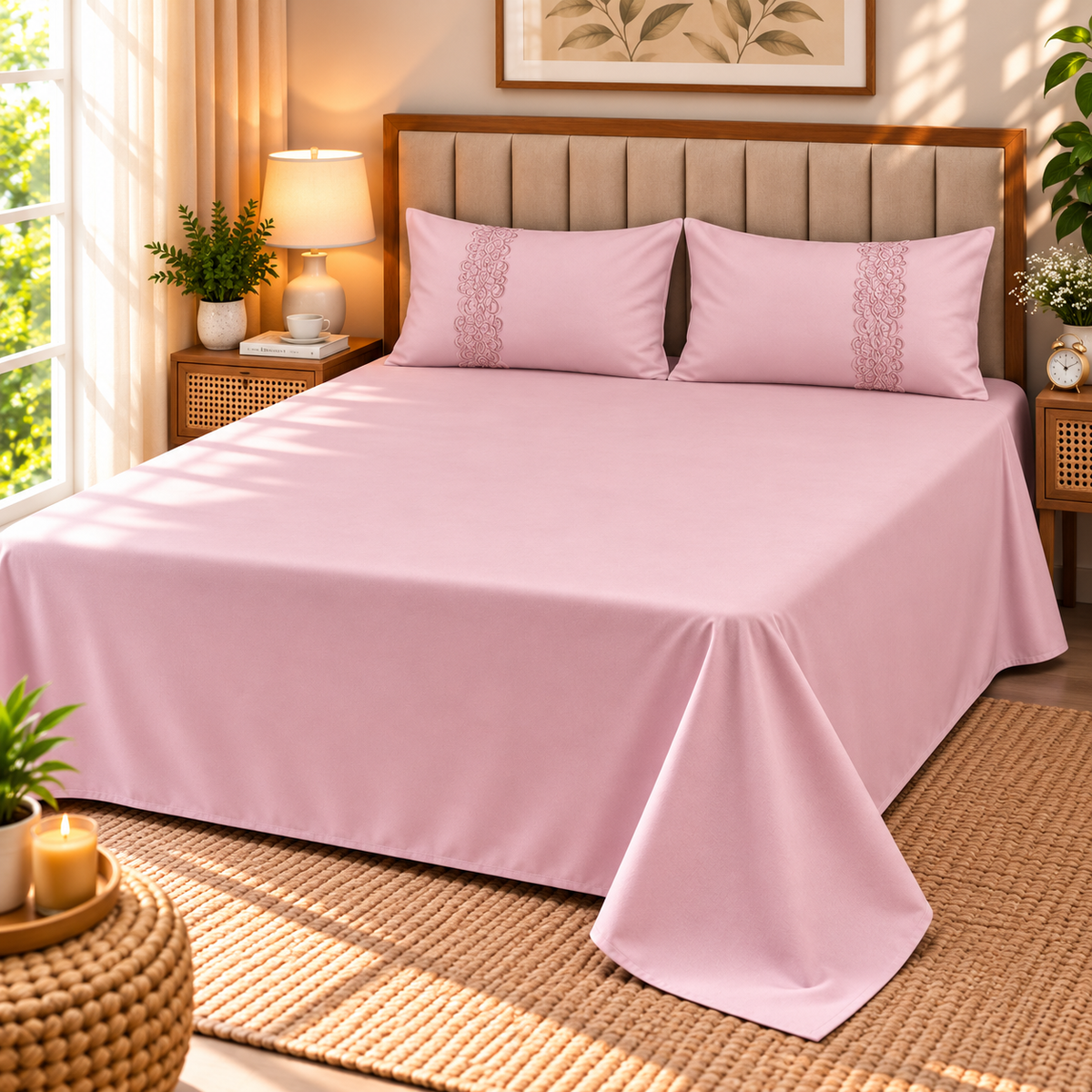 Euphoria Plain Bedsheet With Embroidered Pillows | 3 Pcs Bedsheet Set