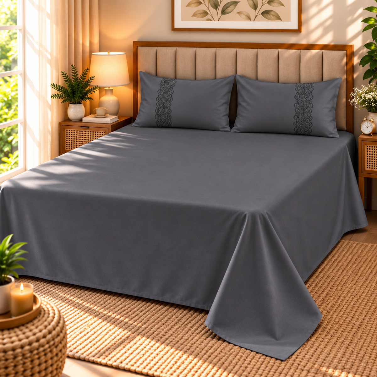 Euphoria Plain Bedsheet With Embroidered Pillows | 3 Pcs Bedsheet Set