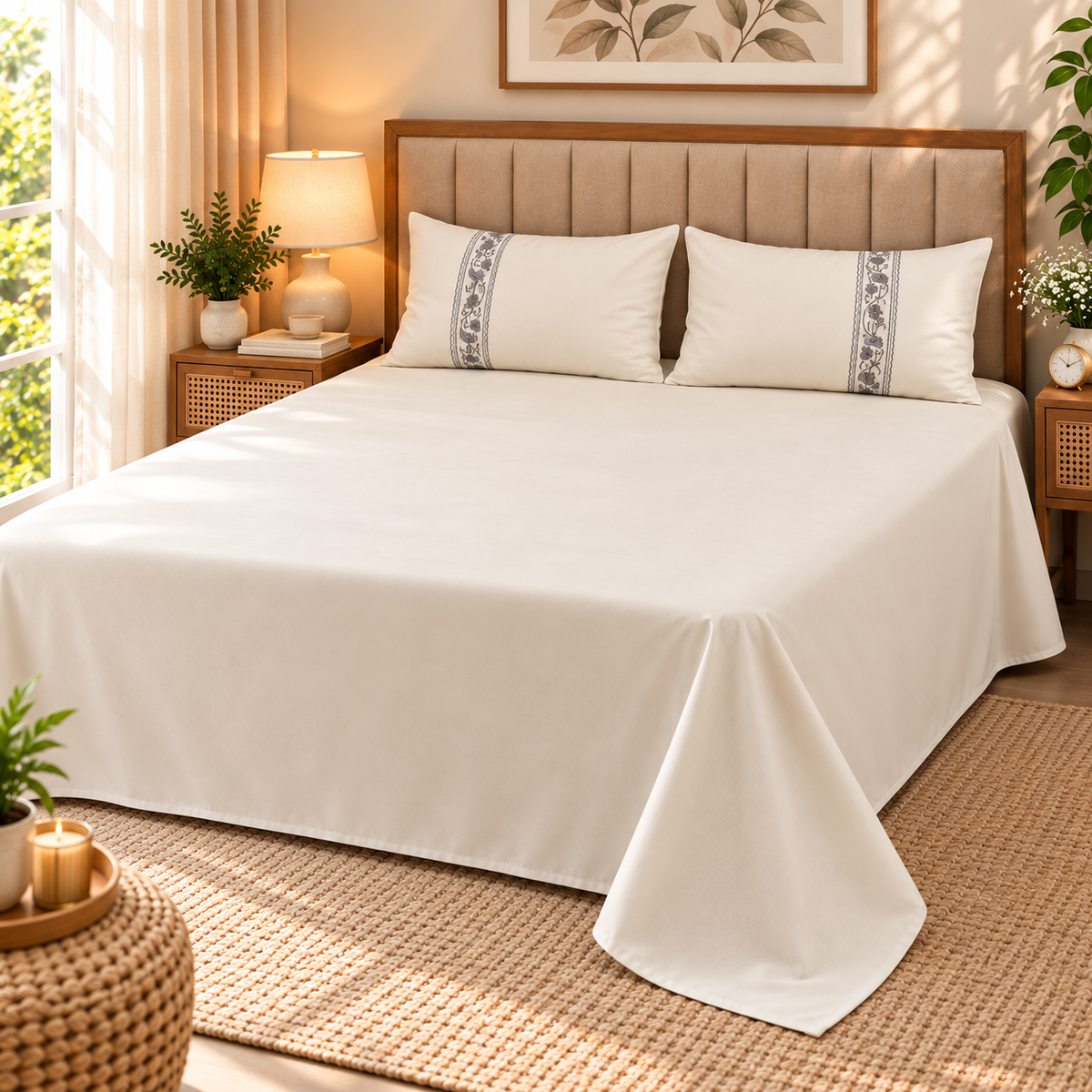 Euphoria Plain Bedsheet With Embroidered Pillows | 3 Pcs Bedsheet Set