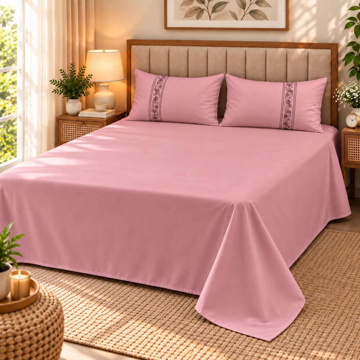 Euphoria Plain Bedsheet With Embroidered Pillows | 3 Pcs Bedsheet Set