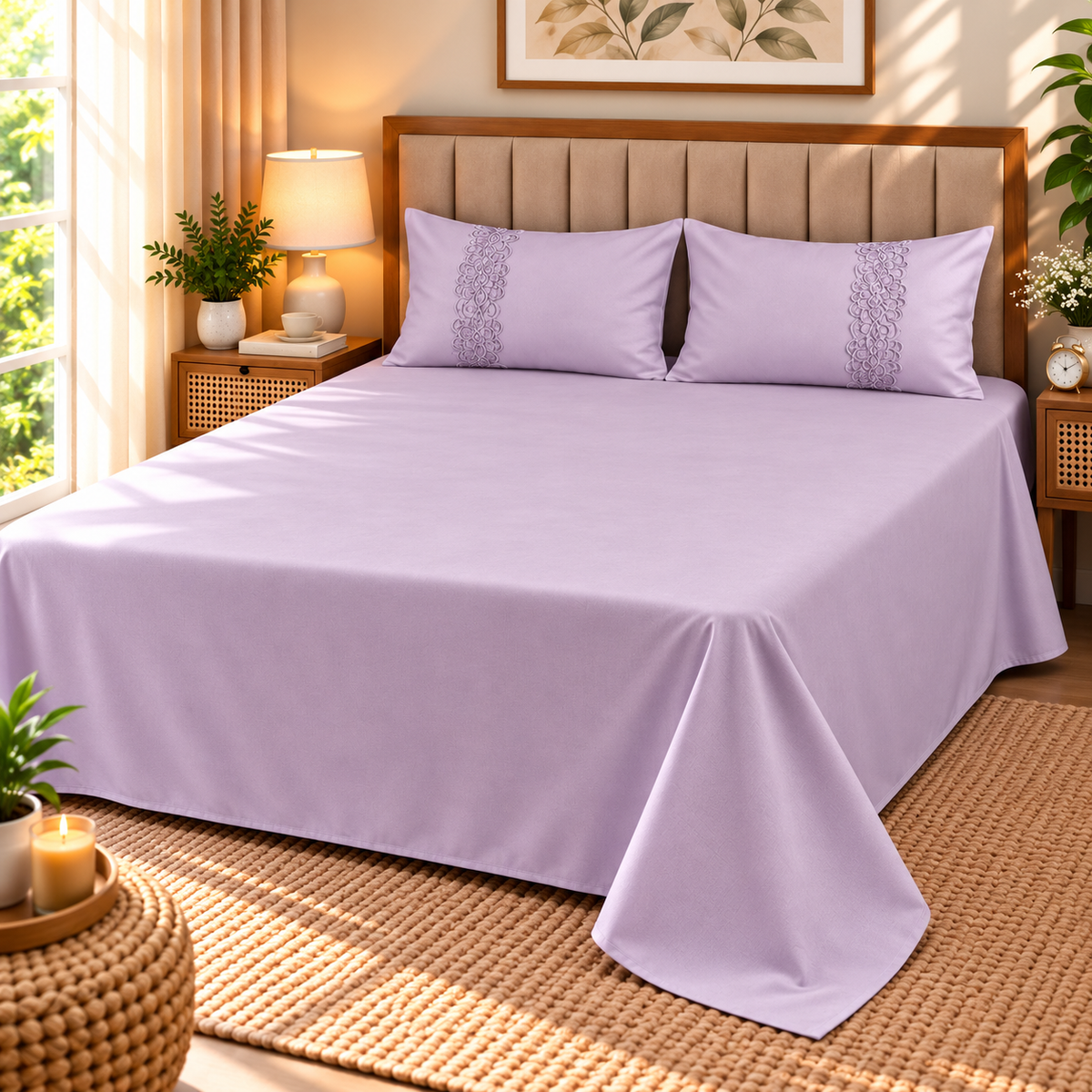Euphoria Plain Bedsheet With Embroidered Pillows | 3 Pcs Bedsheet Set