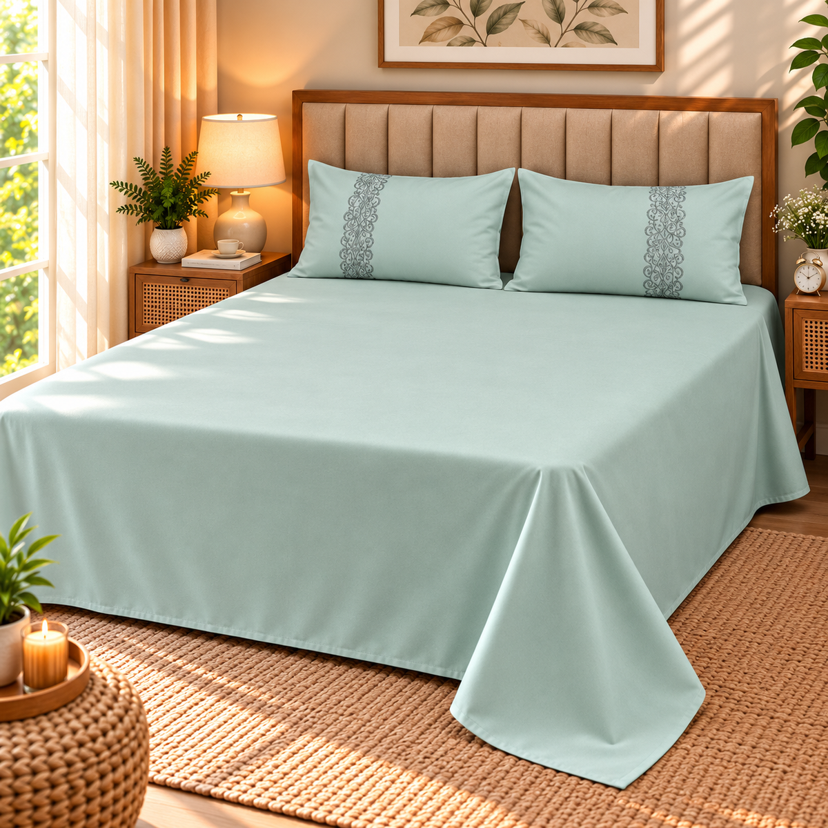 Euphoria Plain Bedsheet With Embroidered Pillows | 3 Pcs Bedsheet Set