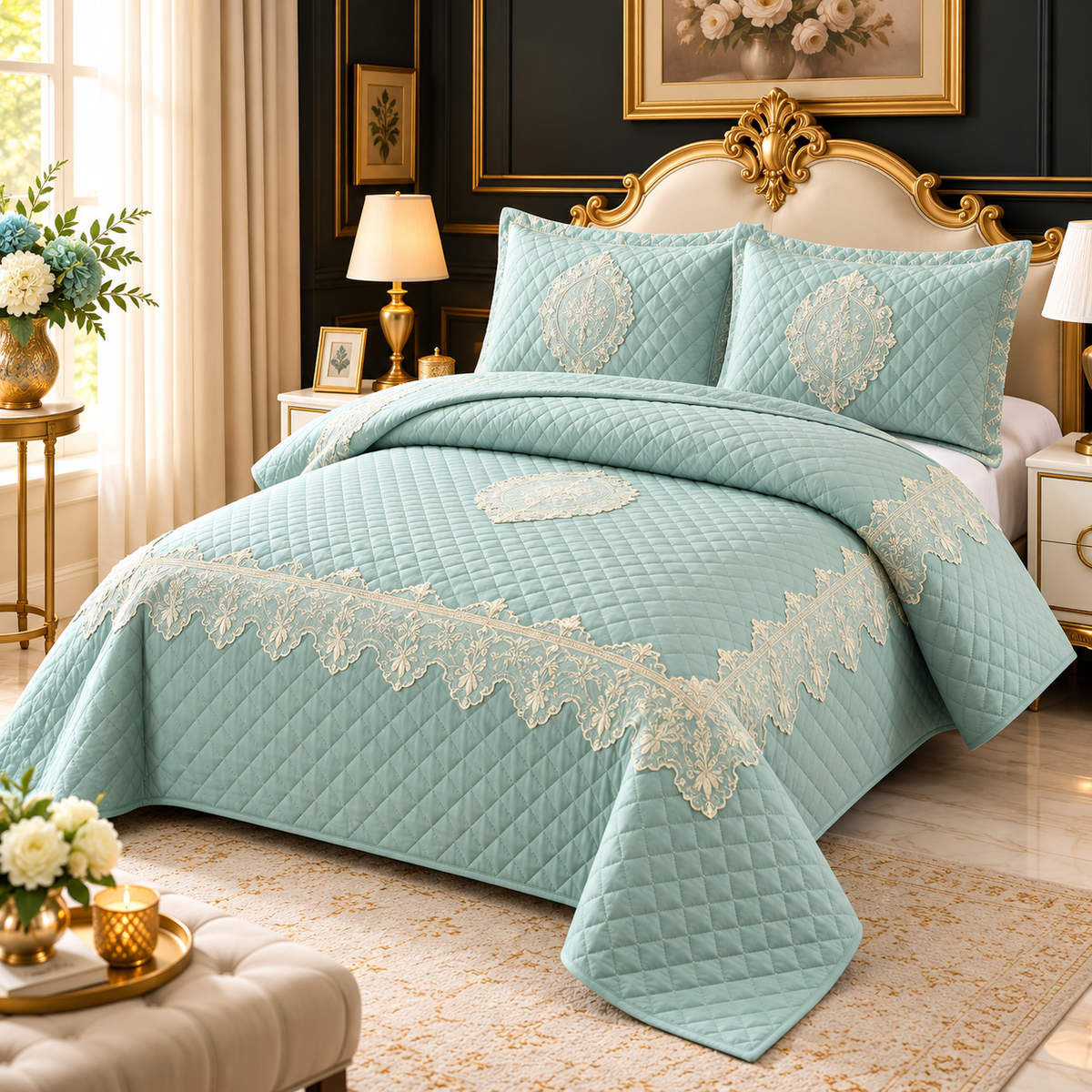 Luxury Quilted Lace Embroidered Bedcover Set – Elegant Premium Bedspread with Decorative Pillow Covers