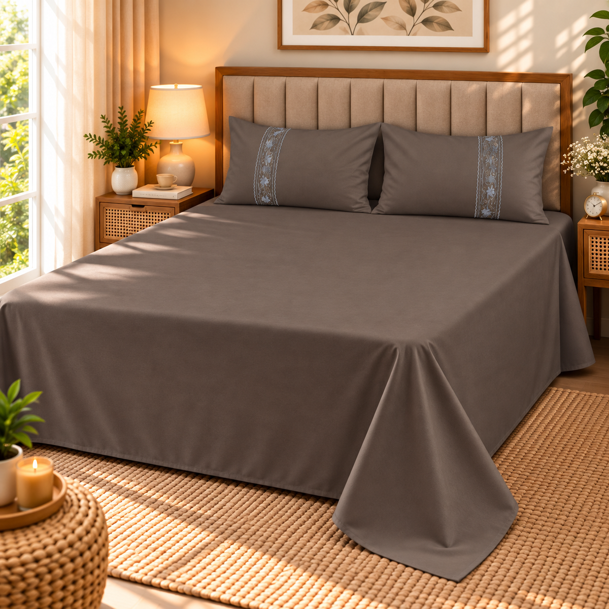Euphoria Plain Bedsheet With Embroidered Pillows | 3 Pcs Bedsheet Set