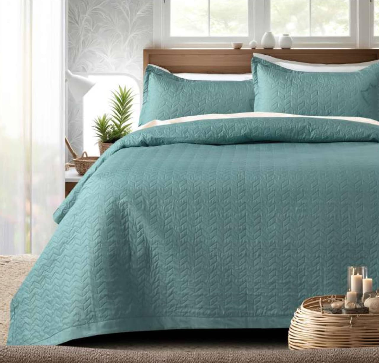 Teal Serene Stitch premium quilted bedding set by The Gharnish, featuring a plush quilt cover and matching pillow shams.