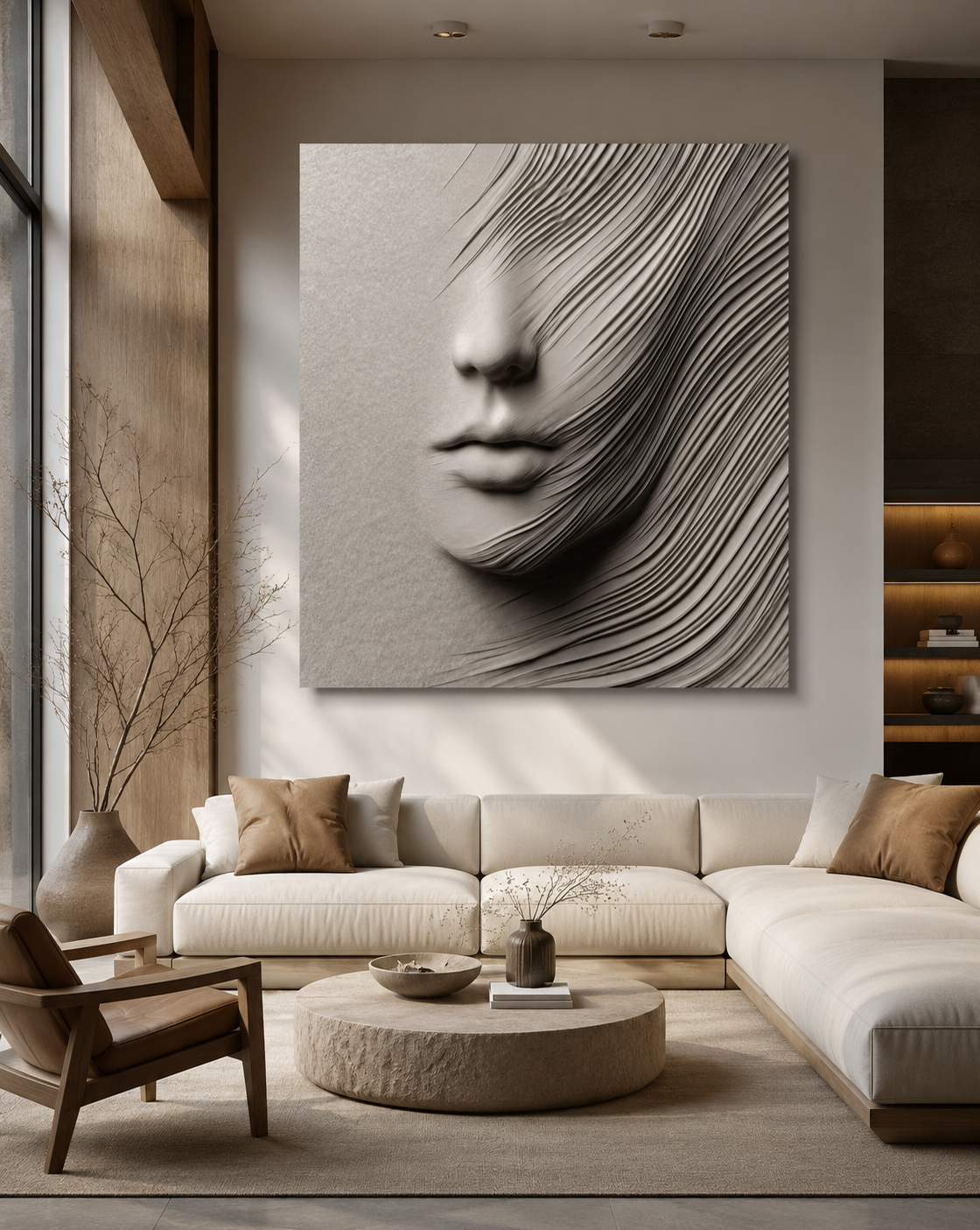 A large black and white canvas wall art print featuring an abstract, flowing face design, displayed in a modern living room setting above a cream sectional sofa.