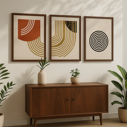Three abstract art pieces on a wall above a wooden cabinet with plants.