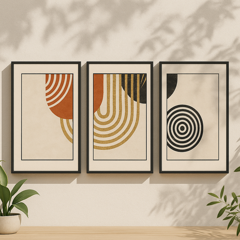 Three abstract art prints on a wall with plants on either side.