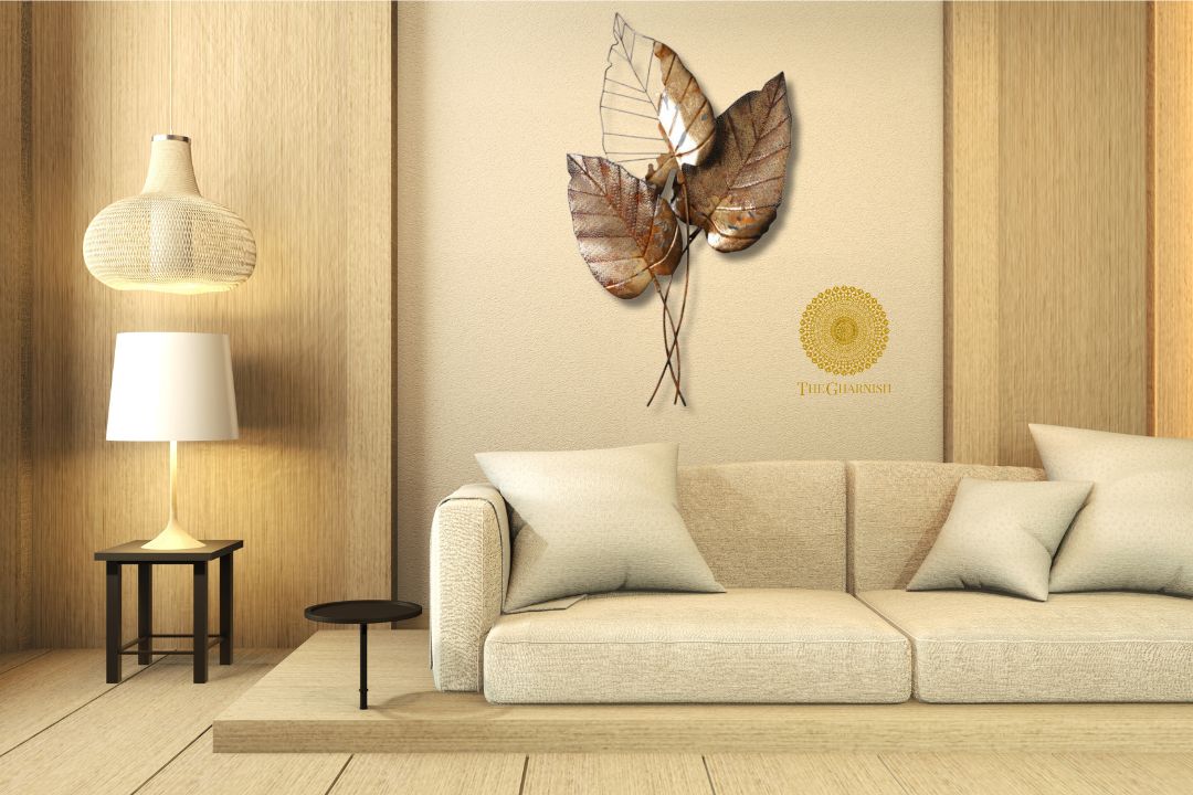 Metallic wall art featuring three Pipal leaves, decorative wall accent by TheGharnish for elegant home decor.