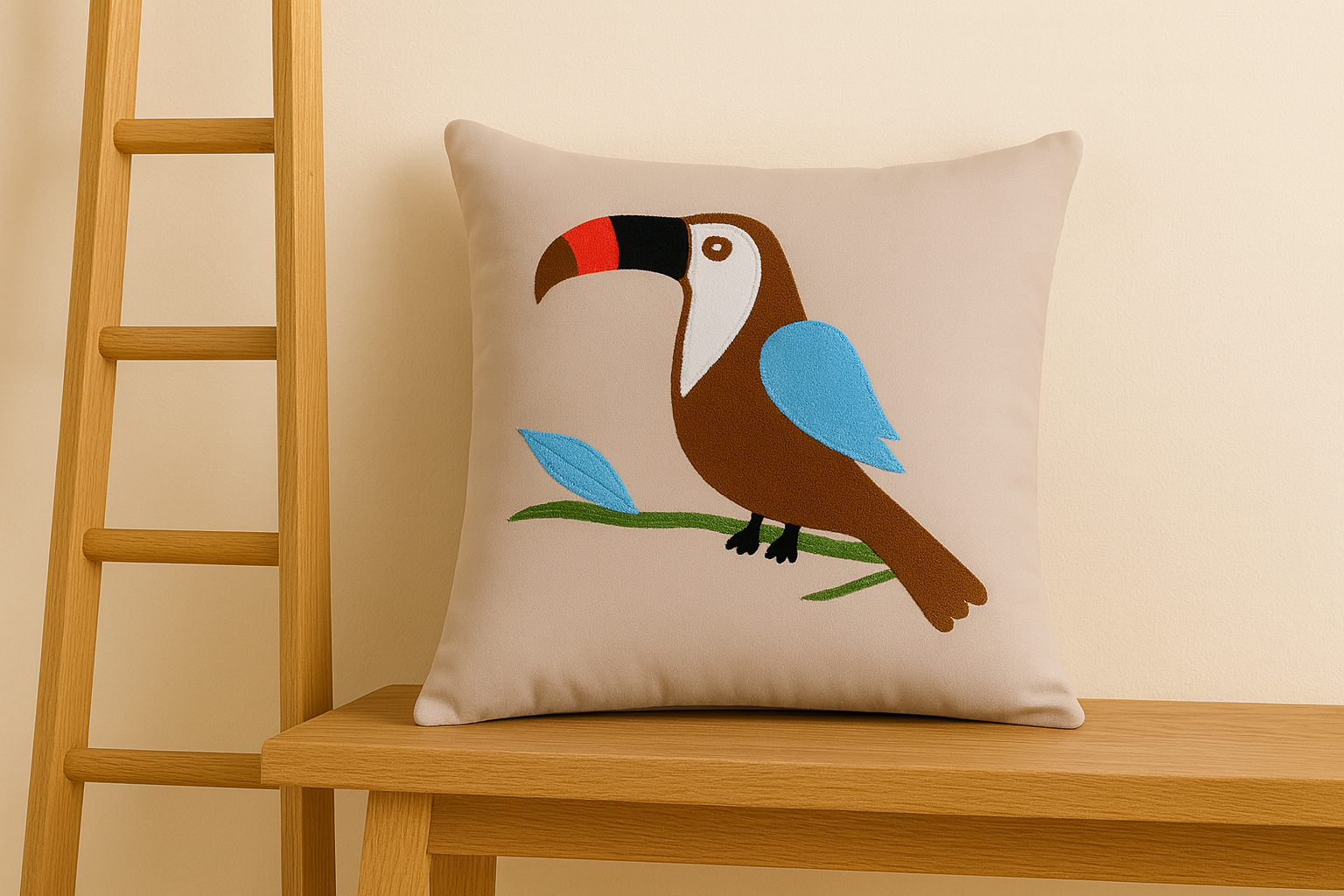 Decorative pillow with a toucan design on a wooden stool against a beige wall.