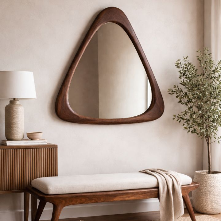 Triangular mirror on a wall above a wooden bench with a lamp and plant in the background.