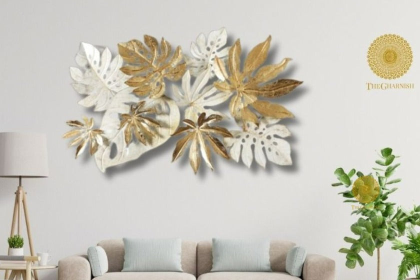 Gold and White Metallic Leaf Wall Hanging - 48 x 28 Inches