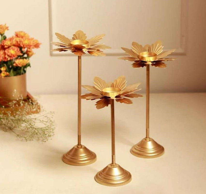 Metallic Leafy Diya with Stand set of 3 - The Gharnish - A Unit of Satkala Creations