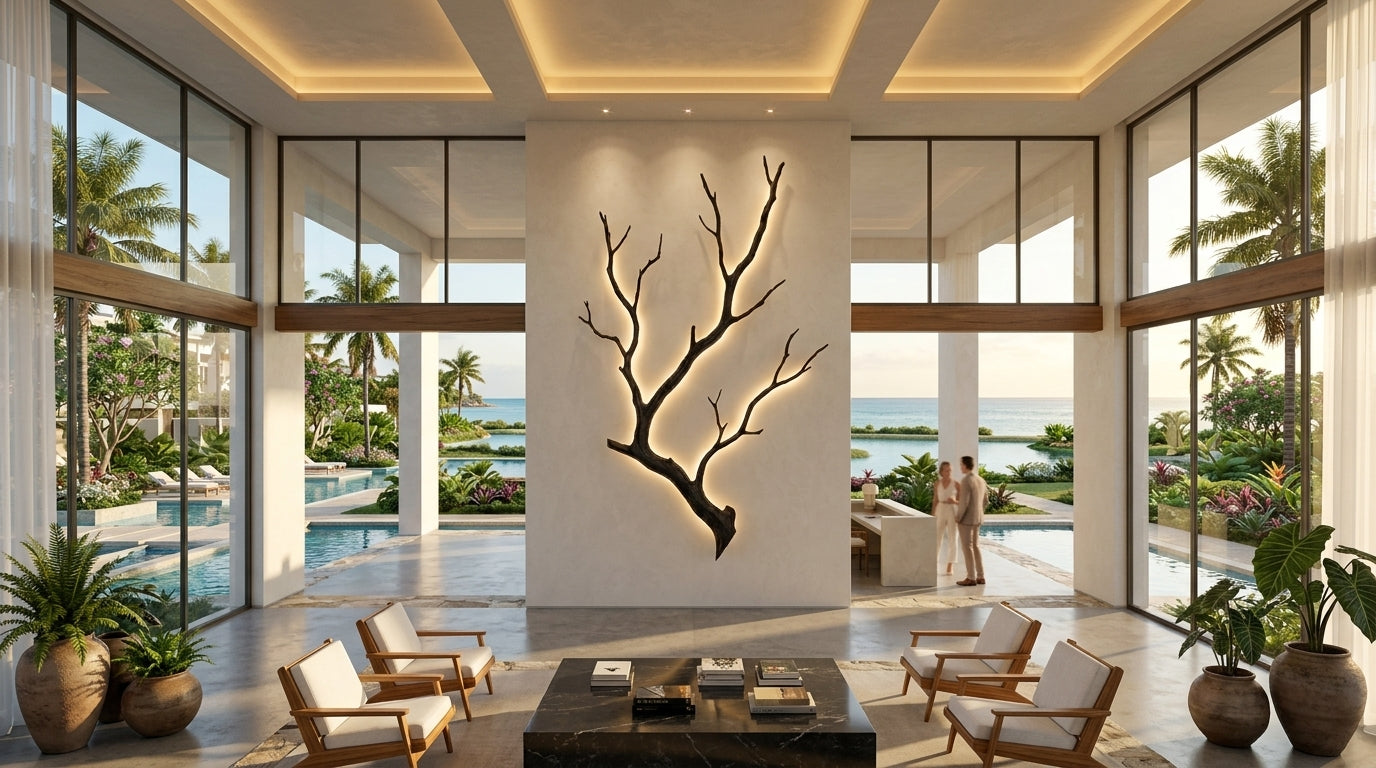 A modern interior lobby with a large black branch-like wall sculpture mounted on a central cream wall, overlooking a pool and ocean view. Lounge chairs, a dark marble coffee table, and two people standing near the windows are visible.