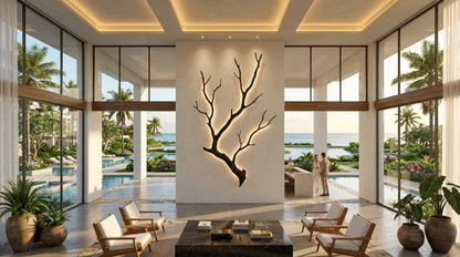A modern interior lobby with a large black branch-like wall sculpture mounted on a central cream wall, overlooking a pool and ocean view. Lounge chairs, a dark marble coffee table, and two people standing near the windows are visible.