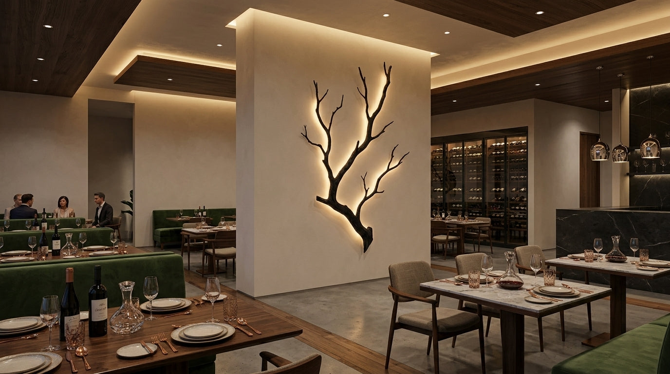A modern restaurant interior with a black branch-shaped wall light mounted on a beige wall, casting warm light upward. The dining area includes marble-topped tables, upholstered chairs, glassware, and a wine cellar in the background.